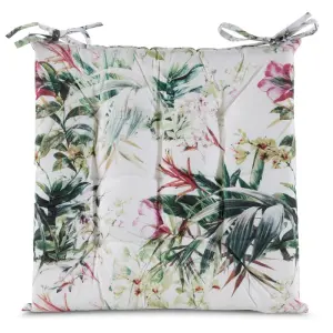 Poduszka na Krzesło GARDEN 40x40x5 cm Wodoodporna Biało-Zielona w Liście z Troczkami