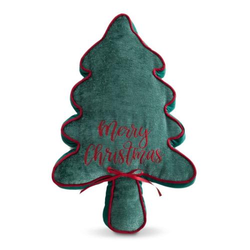 Poduszka świąteczna choinka z napisem „Merry Christmas” welwetowa 45x70x5 cm – zielona z czerwoną lamówką